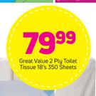 Great Value 2 Ply Toilet Tissue 350 Sheets-18's Pack