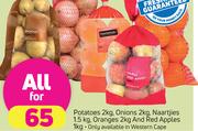 Potatoes 2kg, Onions 2kg, Naartjies 1.5kg, Oranges 2Kg And Red Apples 1kg-For All