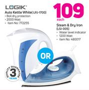 Logik Auto Kettle White LPJ-1700 Or Steam & Dry Iron LSI 005-Each