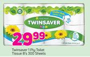 Twinsaver 1 Ply Toilet Tissue 300 Sheets-8's