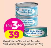 Great Value Shredded Tuna In Salt Water Or Vegetable Oil-3x170g