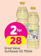 Great Value Sunflower Oil-2x750ml 