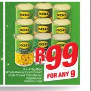 Koo Whole Kernel Corn Cream Style Sweet Corn Mixed Vegetables/garden Peas-9 x 410g