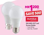 Eurolux 6W A60-E27 LED Screw Globe Cool White-Each