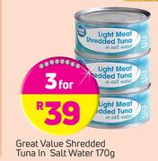 Great Value Shredded Tuna In salt Water-3X170g