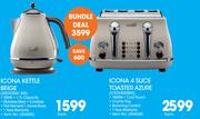 DeLonghi Icona Kettle Beige And DeLonghi Icona 4 Slice Toaster Azure-Bundle