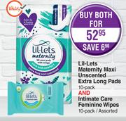 Lil-Lets Maxi Unscented Extra Long Pads 10 Pack And Intimate Care Feminine/Wipes 10 Pack-For Both