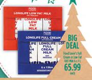 Food Lover's Full Cream Or Low fat UHT Milk-6 x 1Ltr Each