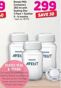 Avent Breast Milk Containers 260ml With Sealing Disc 3 Pack + Soother(0-6 Months)