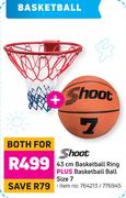 Shoot 43cm Basketball Ring Plus Basketball Ball (Size 7)-For Both