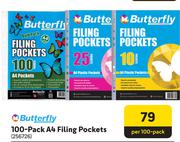 Butterfly 100-Pack A4 Filing Pockets 256726-Per 100-Pack