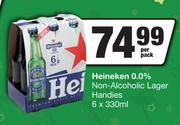 Heineken 0.0% Non Alcoholic Lager Handies-6 x 330ml Per Pack