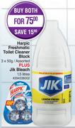 Harpic Freshmatic Toilet Cleaner Block 3 x 50g Plus Jik Bleach 1.5L-Both For