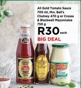All Gold Tomato Sauce 700ml, Mrs Ball's Chutney 470g Or Crosse & Blackwell Mayonnaise 750g-Each