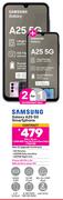 2 x Samsung Galaxy A25 5G Smartphone-On 1.3GB Red Top Up Core More Data + Flexi 80