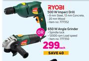 Ryobi 500W Impact Drill Or 650W Angle Grinder-Each