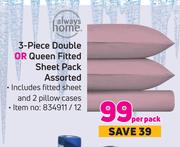 Always Home 3 Piece Double Or Queen Fitted Sheet Pack Assorted-Per Pack
