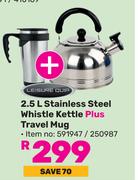 Leisure Quip Stainless Steel Whistle Kettle Plus Travel Mug