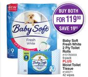 Baby Soft Fresh White 2 Ply Toilet Rolls 9 Pack Plus Moist Toilet Tissue 42 Wipes-Both For