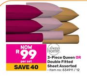 Always Home 3 Piece Queen Or Double Fitted Sheet Assorted-Per Set