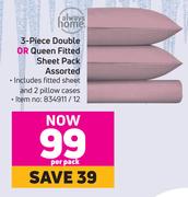 Always Home 3 Piece Double Or Queen Fitted Sheet Pack Assorted-Per Pack