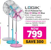 Logik 40cm Pedestal Fan (Pink Or White Or Blue)-Each