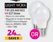 Light Worx 7W LED A60 B22 Or E27 Globe-Each