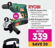 Ryobi 500 W Impact Drill Or 650 W Angle Grinder-Each