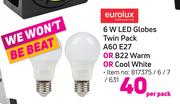 Eurolux 6W LED Globes Twin Pack A60 E27 Or B22 (Warm Or Cool White)-Per Pack 