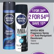 Nivea Men Fragrance Spray Or Anti Perspirant Deodorant Assorted-For 1 x 150ml 