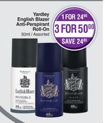 Yardley English Blazer Anti Perspirant Roll On Assorted-For 3 x 50ml 