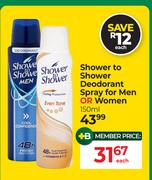 Shower To Shower Deodorant Spray For Men Or Women-150ml