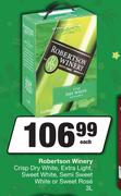 Robertson Winery Crisp Dry White,Extra Light, Sweet White, Semi Sweet White Or Sweet Rose-3L Each
