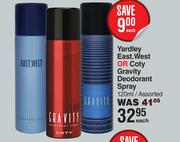 Yardley East.West Or Coty Gravity Deodorant Spray Assorted-120ml Each