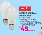 Eurolux 6W LED A60 Twin Pack Globes-Per Pack