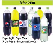 Pepsi Light, Pepsi Max, 7up Free Or Mountain Dew-8 x 2Ltr