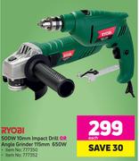 Ryobi 500W 10mm Impact Drill Or Angle Grinder 115mm 650W-Each