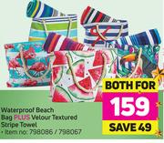 Waterproof Beach Bag Plus Velour Textured Stripe Towel-Both For
