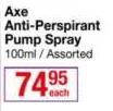 Axe Anti-Perspirant Pump Spray-100ml Each