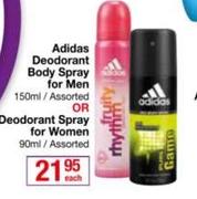 Adidas Deodorant Body Spray For Men 150ml Or Deodorant Spray For Women 90ml-Each