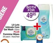 Lil-Lets Intimate Care Gel Wash-150ml With Plus Feminine Wipes 20 Pack Assorted-Both For