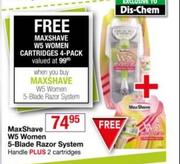 Max Shave W5 Women 5 Blade Razor System Handle Plus 2 Cartridges