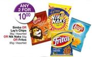 Simba Or lays Chips Assorted-36g Or Nik Naks-55g Or Fritos Assorted-65g-For 2