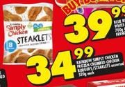 Rainbow Simply Chicken Frozen Crumbed Chicken Burgers/Steaklets-520g Each