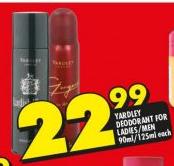 Yardley Deodorant For Men/Ladies-125/90ml Each