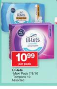 Lil-Lets Maxi Pads 7/8/10, Tampons 10 Assorted-Per Pack