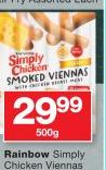 Rainbow Simply Chicken Viennas-500g Each