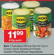 Koo Chakalaka/Whole Kernel Corn/Cream Style Sweetcorn/Fresh Garden Peas/Mixed vegetable-410g Each