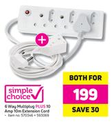 Simple Choice 6 Way Multiplug Plus 10 Amp 10m Extension Cord-For Both 