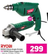 Ryobi 650W 115mm Angle Grinder Or 500W 10mm Impact Drill-Each